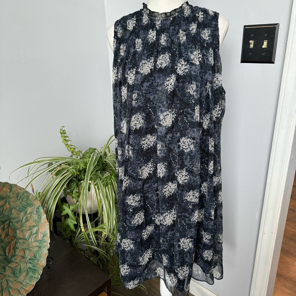 Joie Abstract Floral Smocked Peplum Dress Blue High Neck Sleeveless size XL